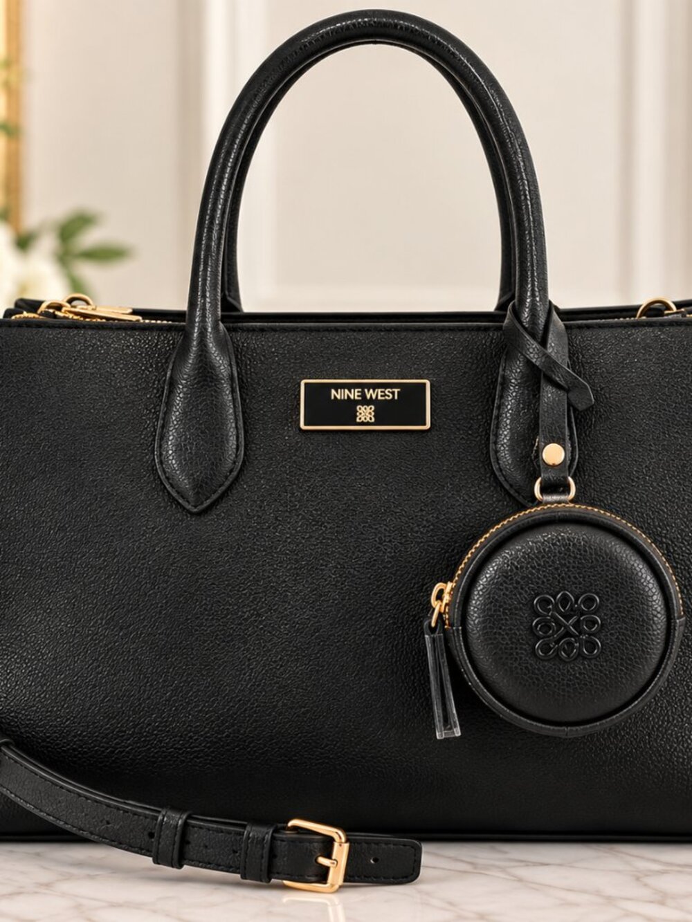 New Nine West Black Triple Compartment Satchel Bag w/Coin Pouch & Shoulder Strap - Picture 2 of 5